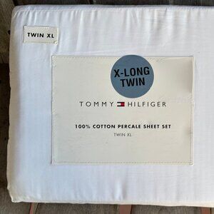 Tommy Hilfiger TWIN XL Size 100% Crisp Cotton Percale Sheet Set BRIGHT WHITE